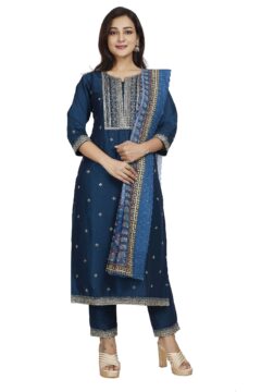 Women Ethnic Embroidered Regular Thread Work soft Silk Kurta with Trousers & With Dupatta.