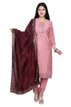 Women Ethnic Embroidered Regular Thread Work soft Silk Kurta with Trousers & With Dupatta.